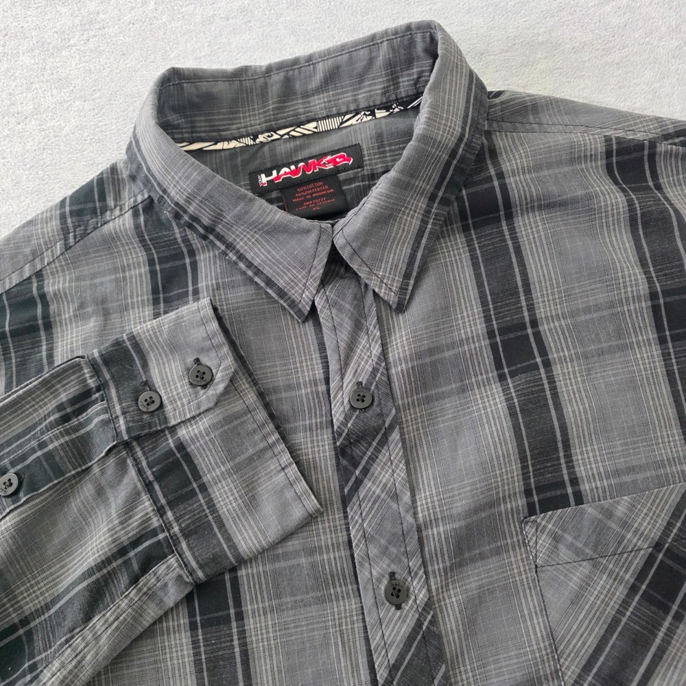 Tony Hawk Mens XL Grey Black Plaid Long Sleeve Button Down Shirt Skate Grunge